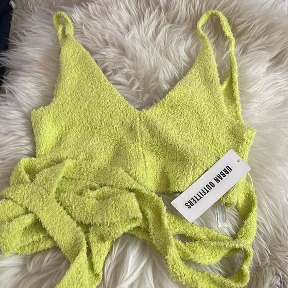 Urban Outfitters Top Womens Medium Fuzzy Knit lounge Lime Green wrap Cropped NWT - Picture 4 of 8
